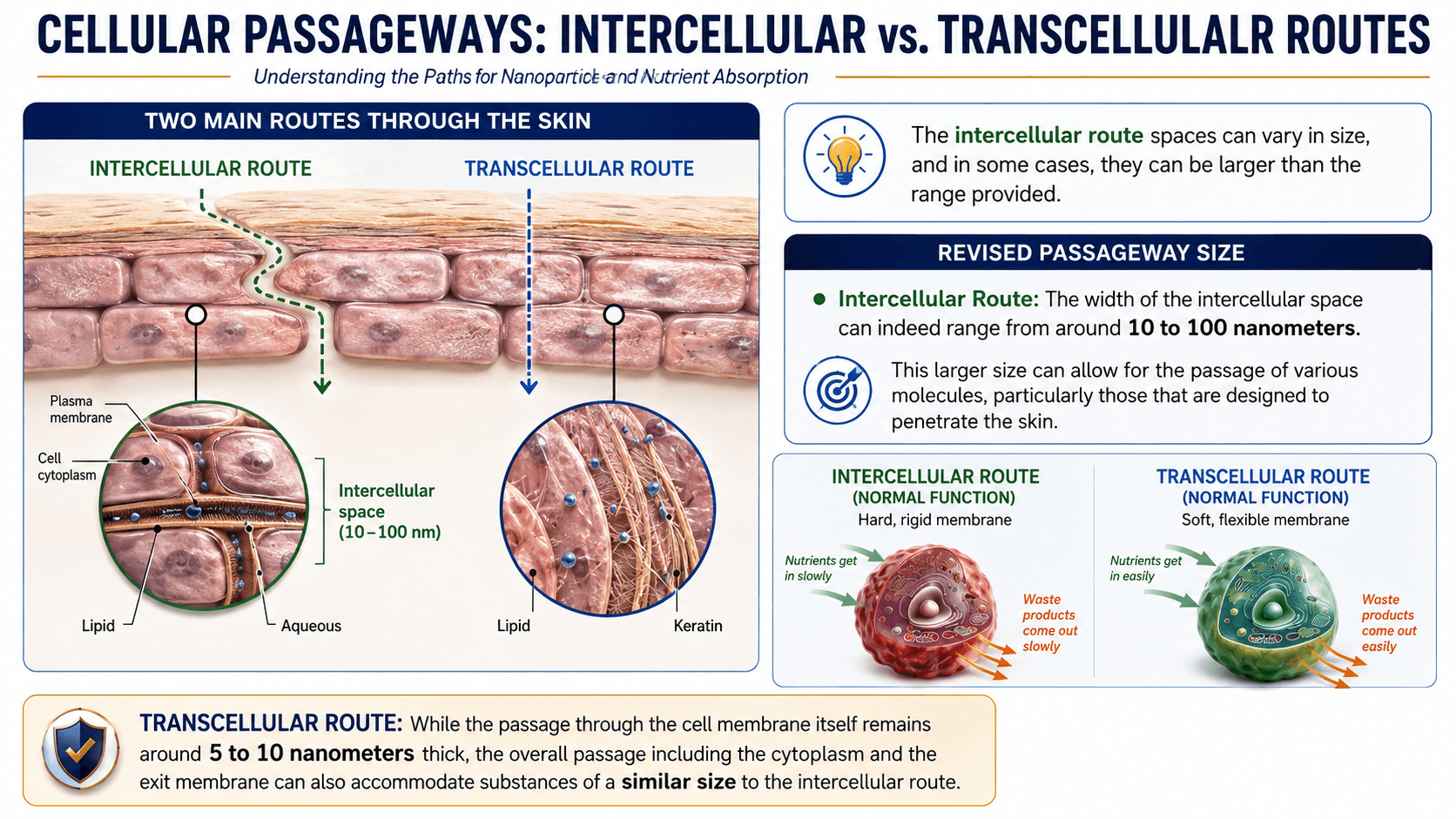 Intercellular vs. transcellular skin absorption routes diagram